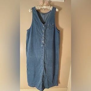 Long Denim Dress, L-XL, V-Neck, 1/2 Silver Button, Back slit, Lil’ Front Pocket